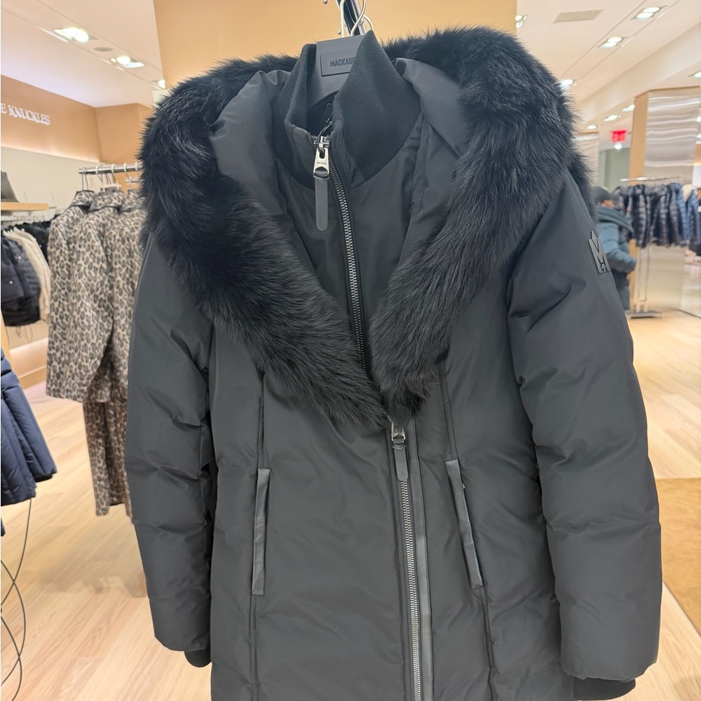 Mackage Charcoal Puffer Jacket with Faux Fur Trim